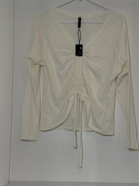 Savvi White Ruched Drawstring Long Sleeve V-Neck Top Size XL – Trendy Casual Blo